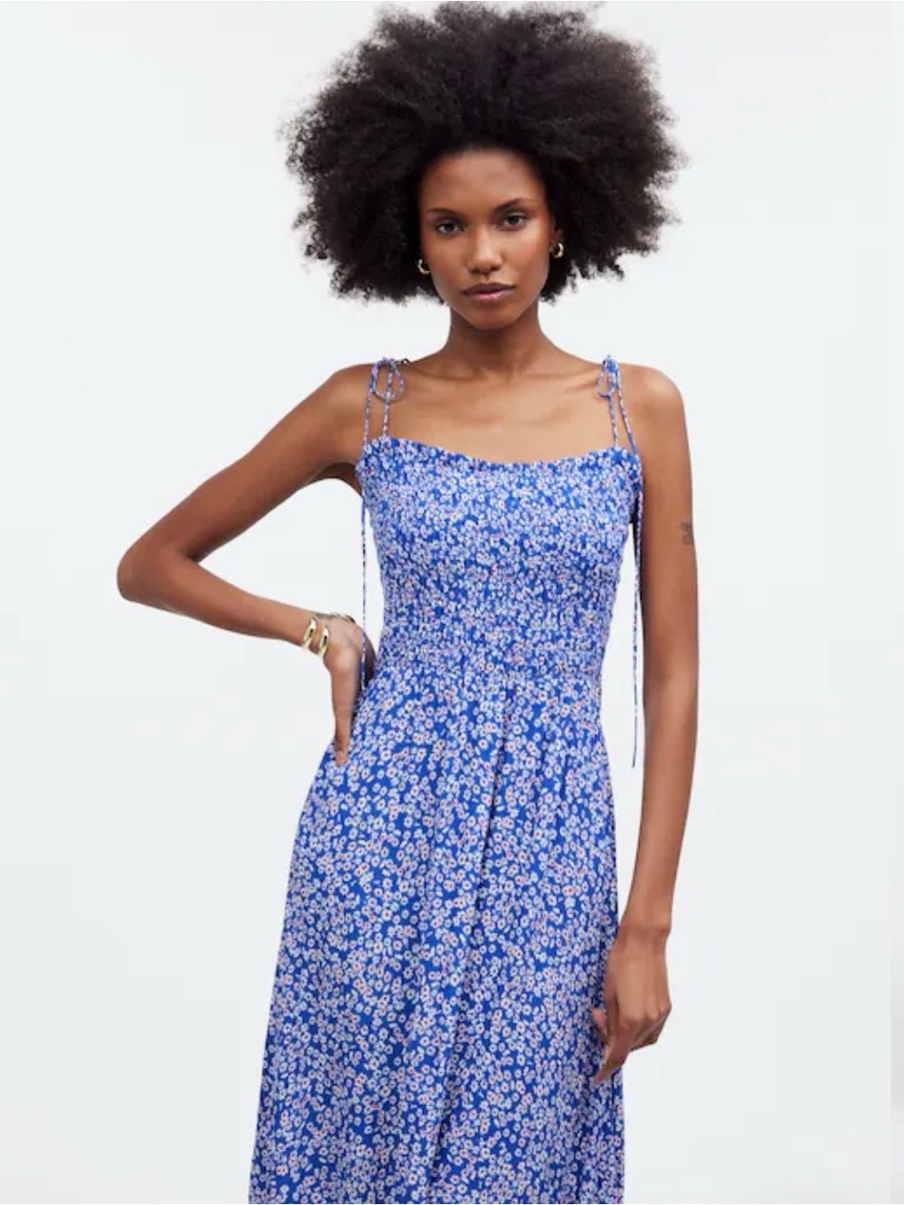 Madewell Smocked Tie-Strap Midi Dress in Blue Floral | Size 12